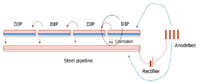 Stray current corrosion in DIP near steel pipeline